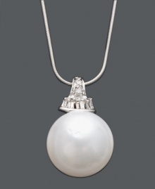 A simple pearl and a touch of sparkle takes your look a long way. Pendant highlights a cultured South Sea pearl (13-14 mm) suspended from a delicate 14k white gold setting and chain. Bail accented with round-cut sparkling diamonds (1/8 ct. t.w.). Approximate length: 18 inches. Approximate drop: 3/4 inch.