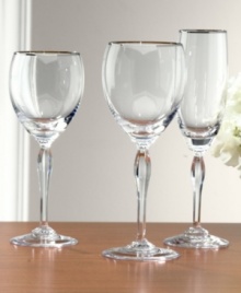 Allegra Platinum stemware is a perfect choice to toast both formal and casual occasions. The style of this wine glass embodies simplicity defined with elegant details, in sparkling crystal embellished with platinum trim.