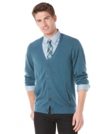 A instant classic to pair with button-up oxfords or causal t-shirts. Perry Ellis' slim-fit cardigan will be your year-round favorite.