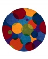 A round rug that is ideal for open spaces. Abstract and absorbing, this rug features a multi-circle pattern in sage, yellow, several shades of blue and burgundy. Reminiscent of beautiful modern art paintings, it adds striking modernity and grace to your home.