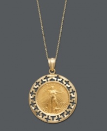 For style that's simply divine -- this luminous pendant makes the perfect addition. Crafted in 14k gold, pendant features an intricate coin center edged by a cut-out Greek key pattern. Approximate length: 18 inches. Approximate drop: 1 inch.