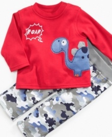 Fun camo-pants capitalize on the cuteness of this two-piece set with a playfully prehistoric graphic front!