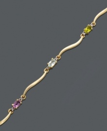 Let waves of sparkling color wash over your wrist. This multi stone bracelet features oval-cut white topaz (1/6 ct. t.w.), citrine (1/6 ct. t.w.), African amethyst (1/6 ct. t.w.), blue topaz (1/5 ct. t.w.), garnet (1/4 ct. t.w.), peridot (1/5 ct. t.w.) and diamond accents. Crafted in 18k gold over sterling silver. Approximate length: 7-1/4 inches.