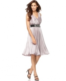 Accordion pleats are so right-now - get the look in this dance-ready dress from Suzi Chin! A surplice neckline and belted waistline are flattering extras you'll love. (Clearance)