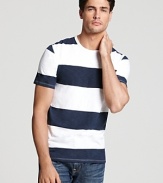 A nautical sensibility informs this sleek tee from Vince, printed with extra wide stripes and contrast crewneck.