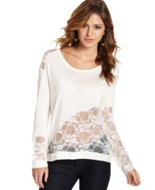 Prettily detailed with lace insets, this top from Jessica Simpson adds feminine spirit to your day ensemble.