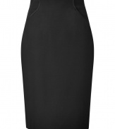 Every polished office wardrobe calls for an immaculately tailored black pencil skirt, and Plein Suds pocketed version is the perfect choice - Satin trimmed front pockets, hidden back zip, kick pleat, form-fitting - For work to cocktails chic, pair with feminine silk tops and sky-high heels