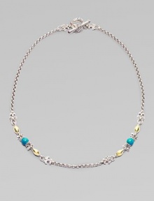 From the Aspasia Collection. A sterling silver chain link with hammered 18K gold, fleur di lis, and turquoise accents.18K yellow gold Turquoise Sterling silver Length, about 18 Toggle closure Made in Greece 