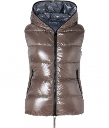 Sporty and sleek, this slim down vest from Duvetica is a cold weather must-have - Hood with decorative zipper trim, dual-zip front closure, sleeveless, zip pockets, quilted - Slim fit - Wear with an oversized pullover, leather leggings or skinny jeans, and ankle booties