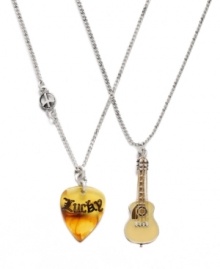 Keep one of these Lucky Brand necklaces for yourself and give the other to your friend with the best taste in music! One necklace features a guitar pendant; other necklace features a logo-embossed guitar pick pendant. Crafted in mixed metal, white jade, resin and crystal. Approximate length: 16 inches + 1/2-inch extender. Approximate guitar drop: 1-1/2 inches. Approximate pick drop: 1 inch.