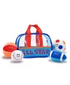 his toddler sized sports bag, comes packed with a plush soccer ball, baseball, football and basketball. This durable set will provide hours of good sport!