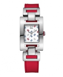 Have a little fun with this all-American La Jolla Grande watch by Tommy Hilfiger. Red silicone strap and rectangular stainless steel case. White dial with applied iconic flag logos in red, blue and silver tone features numeral at twelve o'clock and three hands. Quartz movement. Water resistant to 30 meters. Ten-year limited warranty.