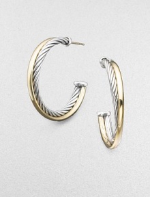 From the Crossover Collection. An arc of sterling silver crisscrosses one of 18k yellow gold in graceful half hoops. Sterling silver and 18k yellow gold Diameter, about 1 Post back