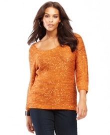 INC's shimmering plus size sweater features sequins woven right into the fabric. Perfect for adding a little dazzle to your fave pair of jeans.