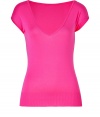 Liven up your workweek looks with Ralph Lauren Blacks hot pink cap sleeve top, a luxe alternative to your favorite tee - Deep V-neckline, cap sleeves, ribbed hemline - Long lean fit - Wear with everything from favorite skinnies and loafers to pencil skirts and heels