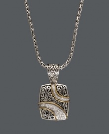 Sparkle, shine, and versatility. Balissima by Effy Collection's ribbon pendant complements both gold and silver jewelry. Crafted in sterling silver with 18k gold accents, this intricate pendant highlights a scrolling filigree design and sparkling, round-cut diamonds (1/4 ct. t.w.). Approximate length: 18 inches. Approximate drop: 1-1/2 inches x 1 inch.