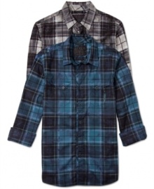 Retrofit long sleeve plaid Palmer shirts with asymmetrical flap pockets by Guess Jeans are always great with jeans and kicks.