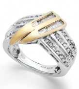 Add a sparkling twist. This pretty ring combines sterling silver and 14k gold accents with rows of round and baguette-cut diamonds (1/2 ct. t.w.). Size 7.