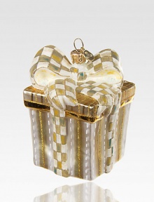 A glittering, golden package with a Parchment Check bow is crafted of mouth-blown, hand-painted glass, adding some sparkle to your tree.Glass3.5H X 2.5 squareImported Please note: Due to their handmade nature, ornaments may vary slightly. 