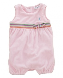 A sweet terry cloth shortall is playfully adorned with a colorful grosgrain ribbon belt for a pretty look.