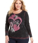 Look cute and make a difference with One World's printed plus size top-- for every garment sold, $1 will be donated to the Susan G. Komen Foundation.