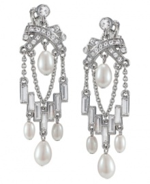 Romance comes in waves with these sparkling chandeliers. Carolee earrings feature tiers of glass stones accented by glass pearls. Crafted in imitation rhodium-plated mixed metal. Approximate drop: 2-1/4 inches.