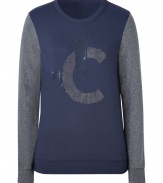 Inject luxe style into your casual-cool looks with Juicy Coutures embellished logo pullover, detailed with metallic sleeves for that contemporary-chic edge - Rounded neckline, long sleeves, fitted cuffs - Feminine straight fit - Layer over tees and leggings, and super soft shearling lined boots