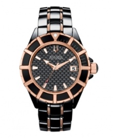 Push boundaries with this fashion-forward Bulova Accutron watch from the Mirador collection. Black ceramic and rose-gold ion-plated stainless steel bracelet and round case with rotating bezel and curved sapphire crystal. Black carbon fiber dial features rose-gold tone stick indices, minute track, date window at three o'clock, three hands and logo. Swiss quartz movement. Water resistant to 50 meters. Five-year limited warranty.