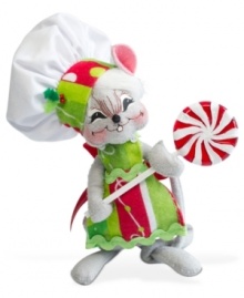 Treat someone to a sweet mouse figurine from Annalee. Dressed in a chef's hat with Christmas trim and carrying a peppermint lollipop, it'll bring endless cheer to bustling holiday kitchens.