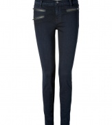 Inject urban attitude into your everyday staple separates with J Brands zipper detailed skinnies, perfect for working the rocker trend with an understated edge - Three zippered front slit pockets, back patch pockets, button closure, belt loops - Form fitting - Team with chunky knits, leather jackets, and kick-around combat boots, or play with contrasts and pair with cashmere pullovers and lady-chic ballerinas