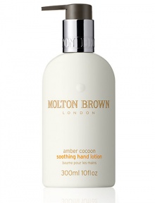 Wrap yourself in amber cocoon, the richly spiced soothing hand lotion from Molton Brown. Infused with amber essence and the warm aromas of Indian gaiac wood, vetiver and Siberian pine essential oils. This is the ultimate caring and hydrating hand lotion. 10 oz.Ingredients: Amber essence Indian gaiac wood Vetiver Siberian pine essential oils