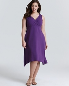 A high/low hem lends intrigue to this breezy Eileen Fisher Plus dress, finished in a vibrant violet hue.