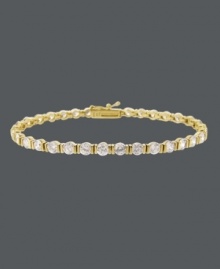 Take your style up a notch with a hint of sparkle. B. Brilliant's luminous tennis bracelet features a row of round-cut cubic zirconias (8-1/4 ct. t.w.) set in 18k gold over sterling silver. Approximate length: 7-1/4 inches.