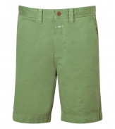 Casual shorts in fine, pure grass green cotton - Soft, lighter weight fabric has a relaxed, worn-in look - Classic Bermuda style is slim and hits above the knee - Belt loops, zip fly and button closure - Slash pockets at sides, welt pockets at rear - Rugged and cool, ideal for pairing with t-shirts, button downs and polos