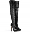 Inject high-octane glamour into your statement accessories wardrobe with Le Sillas exquisitely chic python over-the-knee boots - Softly pointed toe, hidden wafer platform, inside zip, dagger heel, leather sole with rubber platform - Wear with micro mini dresses, or layer with leather leggings and statement studded accessories