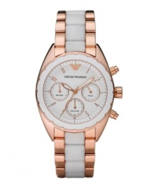 Stylish sophistication is yours with this watch du jour by Emporio Armani. Rose-gold ion-plated stainless steel bracelet with center links of white silicone and round case with white bezel. White chronograph dial features applied rose-gold tone numerals, minute track, three subdials, luminous hands and logo. Quartz movement. Water resistant to 50 meters. Two-year limited warranty.