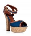 Add retro-chic style to your look with these 1970s-inspired platform sandals from Sergio Rossi -High front cork platform and chunky heel, blue linen with brown leather trim detail, ankle strap with buckle - Pair with a high-low hem floral dress, draped cashmere cardigan, and a fringe-detailed satchel