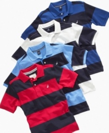 He can build a better preppy look by adding these striped polo shirts from Nautica to his closet.