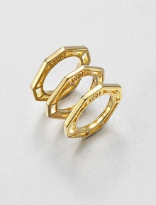 A set of three 16k goldplated rings in a geometric octagon shape. 16k goldplated brassLogo accentedImported