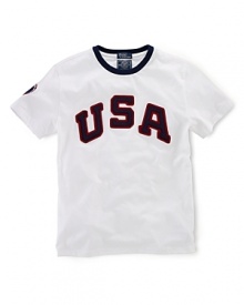 A sporty tee in soft breathable cotton is accented with heritage pride, celebrating Team USA's participation in the 2012 Olympics. Ribbed contrasting crew neckline.