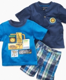 Let the adventure begin! Your little tour guide will be warm-weather ready in this tee shirt, henley shirt and plaid short set from Nannette.