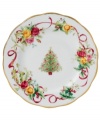 Royal Albert offers a festive twist on a favorite pattern, mixing Christmas trees, holly and bows with pink and gold blooms on the Old Country Roses Holiday salad plate. Gold-banded porcelain coordinates flawlessly with the original dinnerware collection.