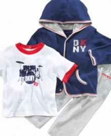 Turn the volume up on his everyday style with this rockin' t-shirt, hoodie and pant set from DKNY.