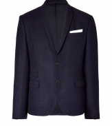 With a collegiate-cool aesthetic, this elegant wool blazer exudes urbane style - Narrow notched lapels, long sleeves, single button closure, flap pockets at waist, two-button closure, double back vent, slim fit - Pair with a sleek button down and slim trousers or jeans