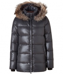 Stay warm while maintaining your impeccable style in this lightweight yet luxe down jacket from Duvetica - Fur-lined hood, front two-way zip closure, long sleeves, zip pockets, quilted - Modern straight fit - Wear with knit pullovers, jeans and weather boots