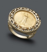 Looking for a change? This unique design highlights an antique-inspired coin center edged by a Greek key pattern. Crafted in 14k gold.