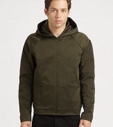 Offering a hint of stylish sheen, a hooded jacket with a concealed front zipper for a sleek look.Attached hoodConcealed front zipperZippered front pocketAbout 26 from shoulder to hemPolyesterHand washImported