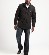 A lightweight, breathable mid-length jacket beats the wintry elements in style with a stand collar, a hidden snap-button placket and an adjustable waist for maximum comfort and support.Zip frontSnap-button placketStand collarZippered chest, waist flap pocketsAbout 31 from shoulder to hemPolyesterDry cleanImportedFur origin: China