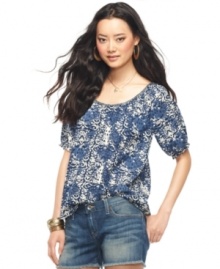 Trade in that boring tee for this Lucky Brand Jeans top, featuring a chic peasant silhouette and an artful print!