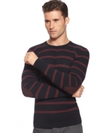 The cold weather counterpart to that striped tee that you loved and wore all summer long: Armani Jeans lightweight striped sweater with contrast elbow patches.